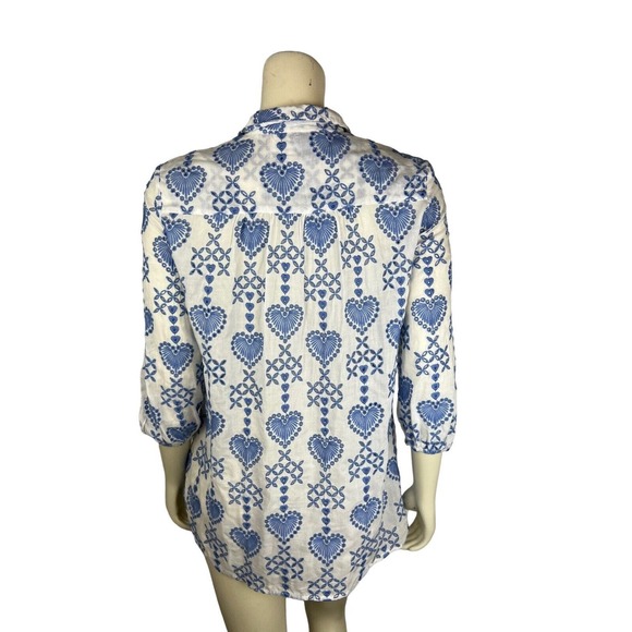 Johnny Was Jade Heart Embroidered Top Size XS Maeve Button Down White Blue Boho - Picture 4 of 12